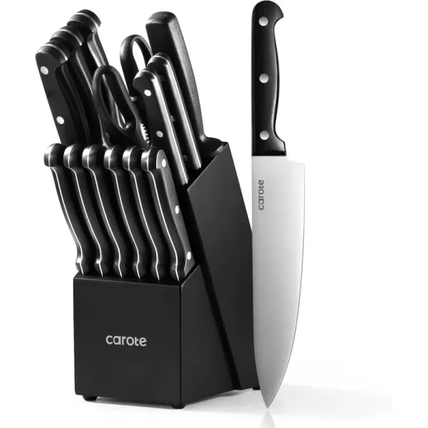imageCAROTE 12PCS Knife Set Stainless Steel Kitchen Knife Set with Drawer Store Kinife Organizer Cutlery Knife Set with Block Dishwasher Safe White Include KnivesBlack