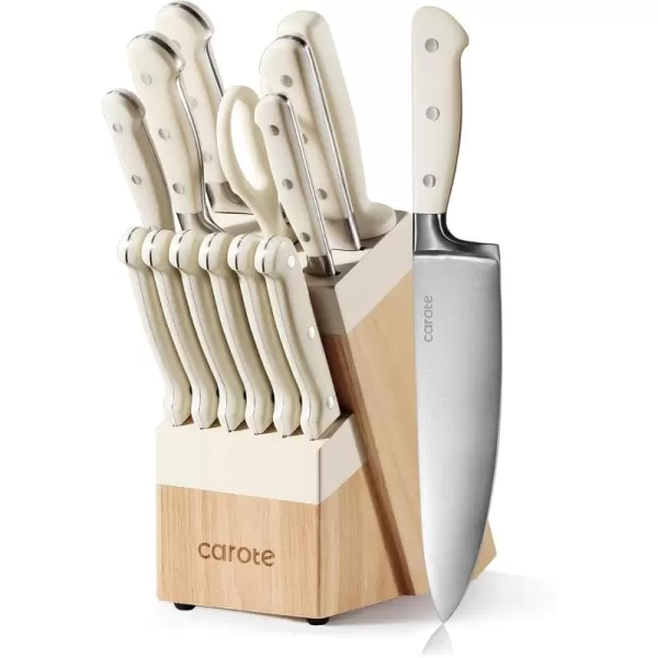 imageCAROTE 12PCS Knife Set Stainless Steel Kitchen Knife Set with Drawer Store Kinife Organizer Cutlery Knife Set with Block Dishwasher Safe White Include KnivesCream