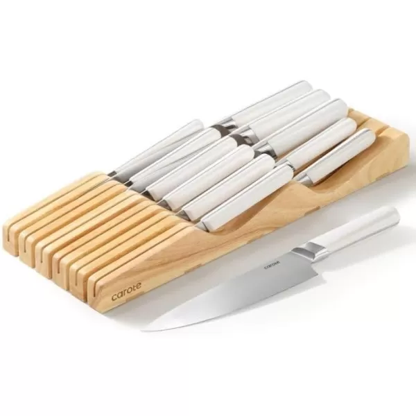 imageCAROTE 12PCS Knife Set Stainless Steel Kitchen Knife Set with Drawer Store Kinife Organizer Cutlery Knife Set with Block Dishwasher Safe White Include KnivesWhite