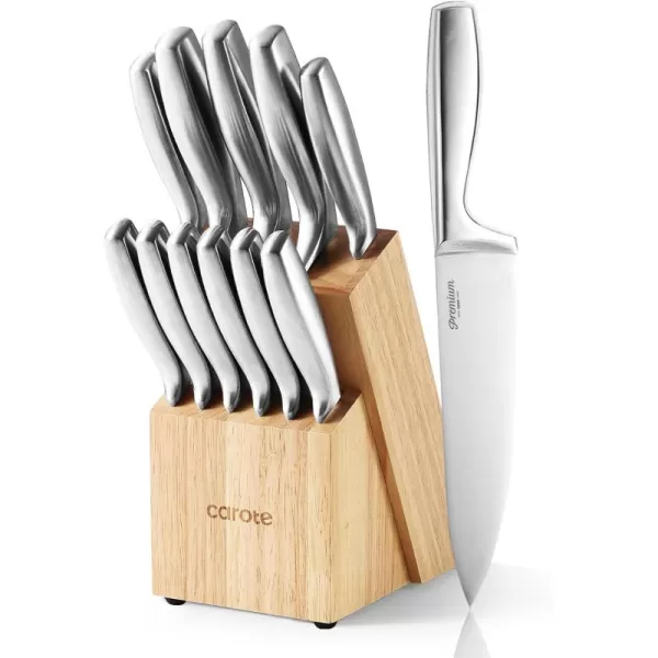 imageCAROTE 12PCS Knife Set Stainless Steel Kitchen Knife Set with Drawer Store Kinife Organizer Cutlery Knife Set with Block Dishwasher Safe White Include KnivesSilver