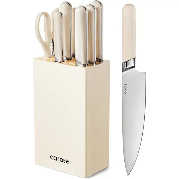 imageCAROTE 12PCS Knife Set Stainless Steel Kitchen Knife Set with Drawer Store Kinife Organizer Cutlery Knife Set with Block Dishwasher Safe White Include KnivesBrown