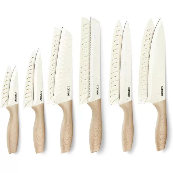imageCAROTE 12PCS Knife set with Blade GuardsGranite Nonstick Ceramic CoatingStainless Steel blade Wooden Handle Essential knife setWhiteWhite