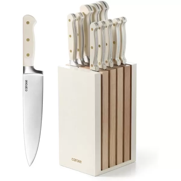 imageCAROTE 14PCS Knife Set with Acrylic Block Kitchen Knives with Builtin Sharpener Cutlery Set with High Carbon Stainless Steel Sharp Blade Dishwasher Safe WhiteBeige