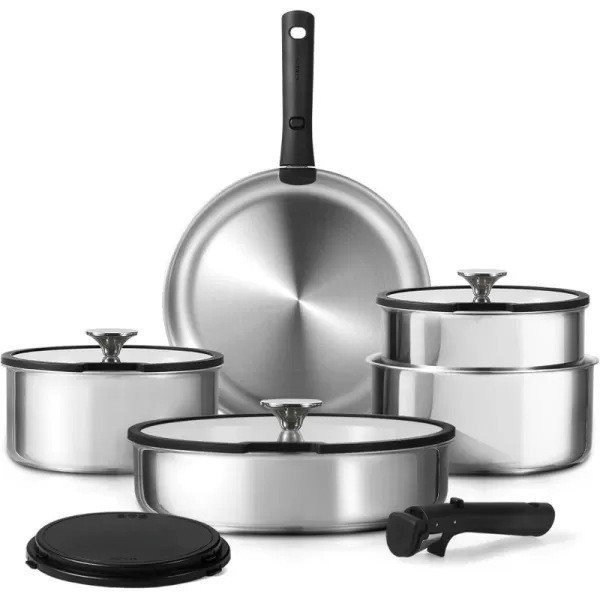 imageCAROTE 14pcs Pots and Pans Set Stainless Steel Cookware Set Detachable Handle Induction Kitchen Cookware Sets with Removable Handle RV Cookware Set Oven Safe Camping Cookware BlackStainless Steel