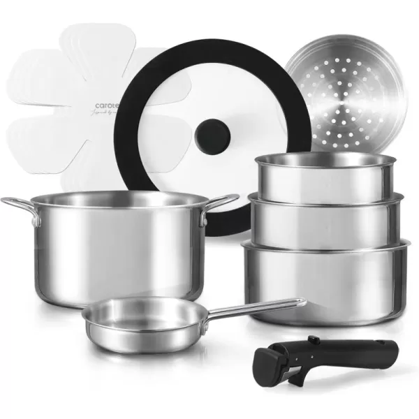 imageCAROTE 14pcs Pots and Pans Set Stainless Steel Cookware Set Detachable Handle Induction Kitchen Cookware Sets with Removable Handle RV Cookware Set Oven Safe Camping Cookware BlackStainless Steel Black