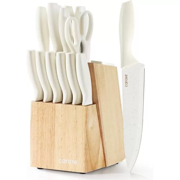 imageCAROTE 15Piece Knife Set Kitchen Knife Block Set Elegant White CeramicCoated Blades with Stylish Wooden Block for Modern Culinary Excellence