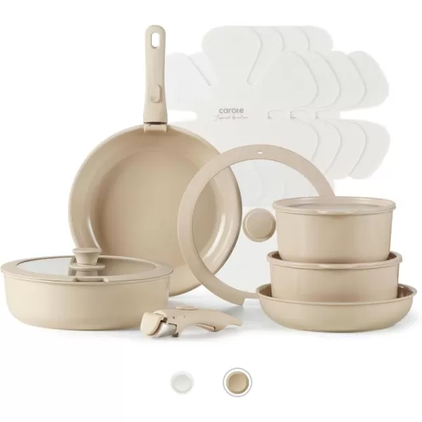 imageCAROTE 15pcs Ceramic Cookware Set Pots and Pans Set Induction Nonstick Kitchen Cookware Sets Non Stick RV Cookware Set with Detachable Handle DishwasherOven Safe Cookware Set Taupe15pcs Taupe Set