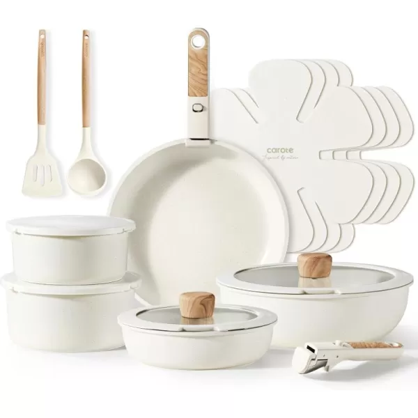 imageCAROTE 17pcs Pots and Pans Set Nonstick Cookware Set Detachable Handle Induction Kitchen Cookware Sets Non Stick with Removable Handle RV Cookware Set Oven Safe Jet BlackCream White