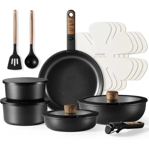imageCAROTE 17pcs Pots and Pans Set Nonstick Cookware Set Detachable Handle Induction Kitchen Cookware Sets Non Stick with Removable Handle RV Cookware Set Oven Safe Jet BlackJet Black