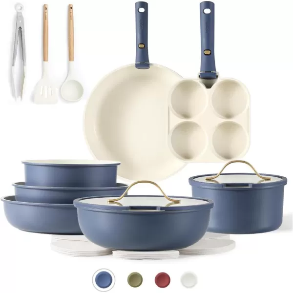 imageCAROTE 19pcs Pots and Pans Set Nonstick Cookware Set Detachable Handle Induction Kitchen Cookware Sets Non Stick with Removable Handle RV Cookware Set Gold and GreenPrussian Blue