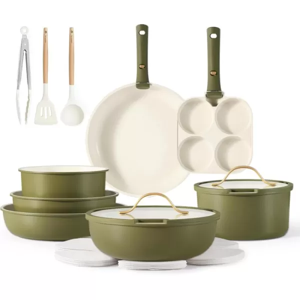 imageCAROTE 19pcs Pots and Pans Set Nonstick Cookware Set Detachable Handle Induction Kitchen Cookware Sets Non Stick with Removable Handle RV Cookware Set Gold and GreenEarthy Green