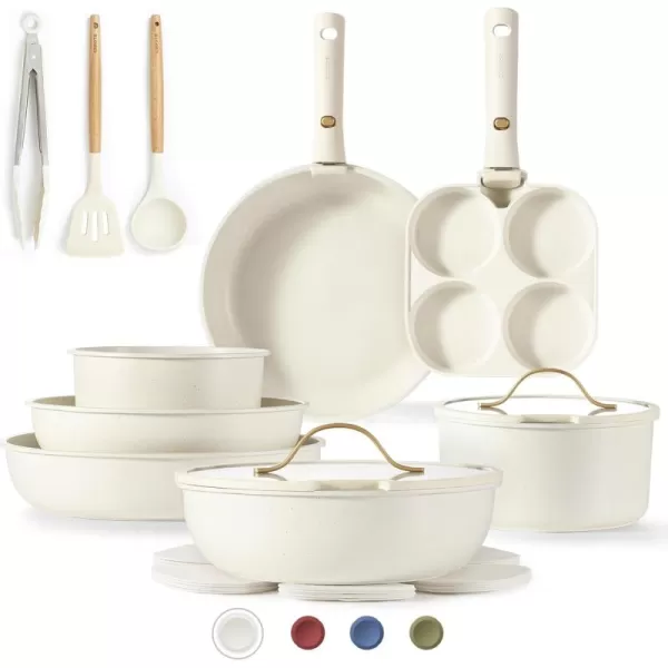 imageCAROTE 19pcs Pots and Pans Set Nonstick Cookware Set Detachable Handle Induction Kitchen Cookware Sets Non Stick with Removable Handle RV Cookware Set Gold and GreenCream White