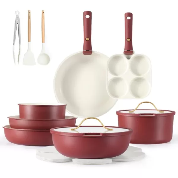 imageCAROTE 19pcs Pots and Pans Set Nonstick Cookware Set Detachable Handle Induction Kitchen Cookware Sets Non Stick with Removable Handle RV Cookware Set Gold and GreenGarnet Red