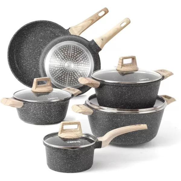 imageCAROTE 21Pcs Pots and Pans Set Nonstick Cookware Sets White Granite Induction Cookware Non Stick Cooking Set wFrying Pans ampamp SaucepansPFOS PFOA FreeClassic Black