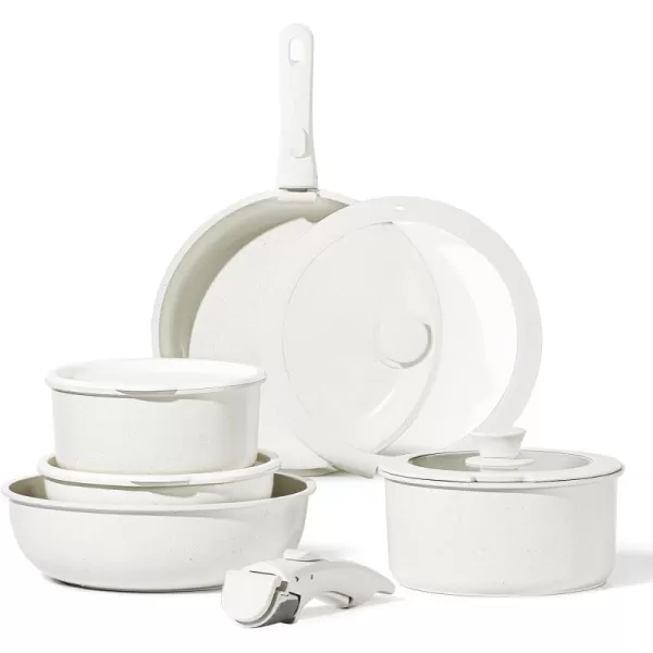 imageCAROTE 25pcs Detachable Handle Pots and Pans Set Nonstick Cookware Set Removable Handle Pots and Pans Non Stick RV Oven Safe Cookware Induction Kitchen Set Cream WhiteWooden