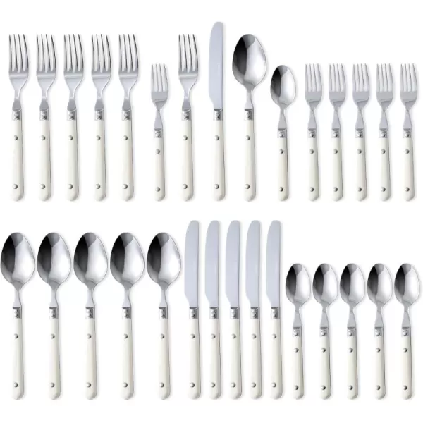 imageCAROTE 30Piece Silver set Stainless Steel Flatware Set with White Handles TripleRiveted ampamp Full Tang Design Kitchen Utensils Set Mirror Polished Durable WhiteWhite