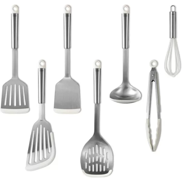 imageCAROTE 7PCS Cooking Utensils Set Stainless Steel Kitchen Utensill Set Kitchen Gadgets for Nonstick Pots and Pans Utensil Sets with Tongs Ladle Spatula ampampTurner White