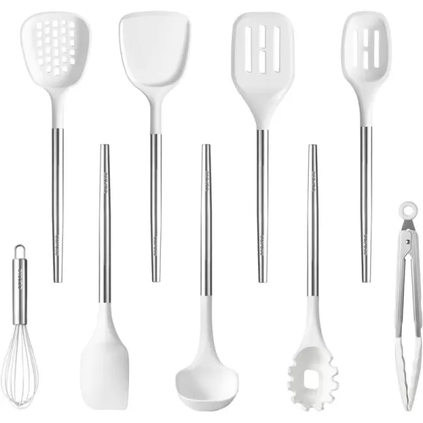 imageCAROTE 9PCS Kitchen Utensils Set Silicone Kitchen Utensils Set with Stainless Steel Handle for NonStick Cookware Set Dishwasher Safe WhiteWhite