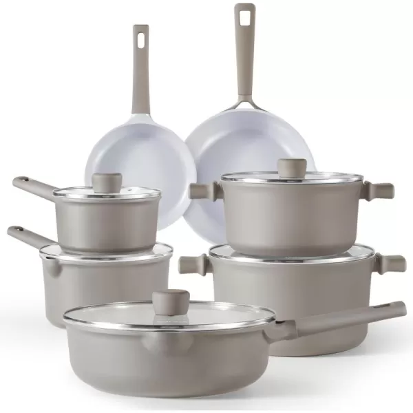 imageCAROTE Ceramic Cookware Set 12 Piece Healthy ampamp PFOAPFAS Free Nonstick Pots and Pans Set InductionCompatible Navy BlueTaupe
