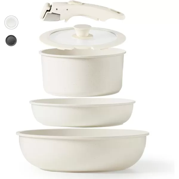 imageCAROTE Nonstick Cookware Sets Non Stick Pots and Pans Set Detachable Handle Kitchen Cookware Sets with Removable Handle Stackable RV Cookware for Campers Oven Safe White 5 PCSCream White