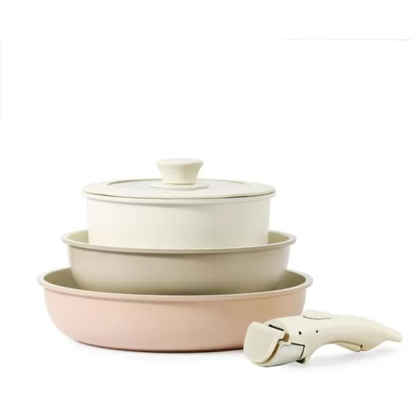 imageCAROTE Nonstick Cookware Sets Non Stick Pots and Pans Set Detachable Handle Kitchen Cookware Sets with Removable Handle Stackable RV Cookware for Campers Oven Safe White 5 PCSMulticolor