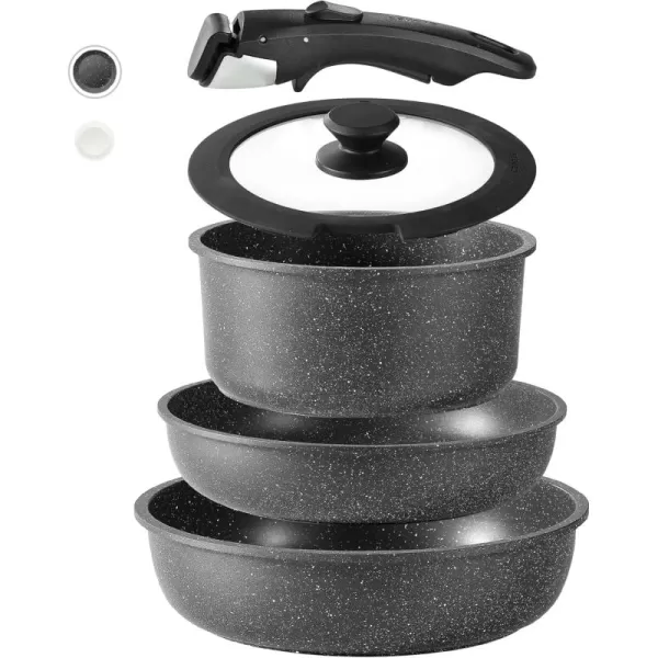 imageCAROTE Nonstick Cookware Sets Non Stick Pots and Pans Set Detachable Handle Kitchen Cookware Sets with Removable Handle Stackable RV Cookware for Campers Oven Safe White 5 PCSMidnight Black