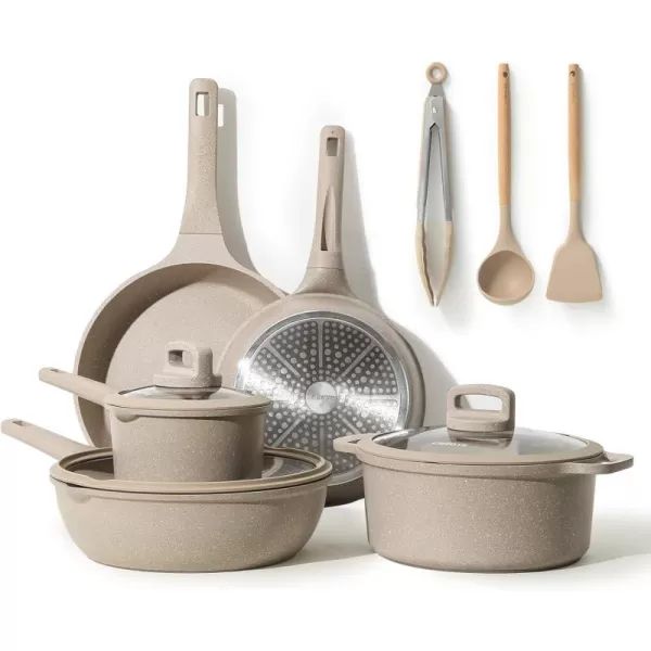 imageCAROTE Pots and Pans Set Non Stick 16Pcs Kitchen Cookware Set Stackable Induction Cookware Pot and Pan set Pans for Cooking Taupe GraniteTaupe