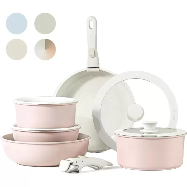 imageCAROTE Pots and Pans Set Non Stick Cookware Sets 11pcs Kitchen Set OvenFridge Safe Space Saving Pots Set Nonstick Set with Versatile RemovableDetachable Handle Induction RV Set Wave BluePink