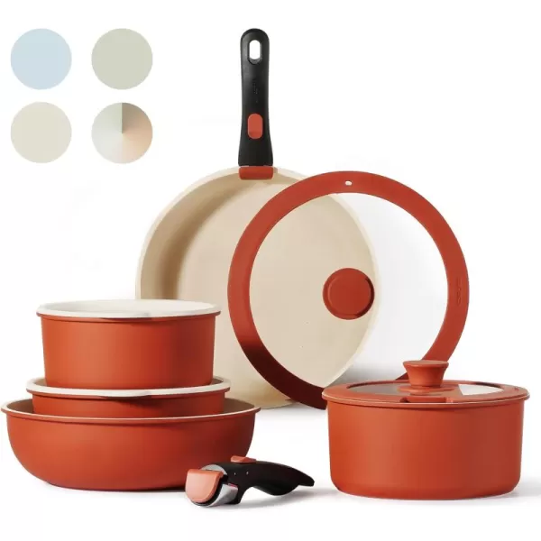 imageCAROTE Pots and Pans Set Non Stick Cookware Sets 11pcs Kitchen Set OvenFridge Safe Space Saving Pots Set Nonstick Set with Versatile RemovableDetachable Handle Induction RV Set Wave BlueRed