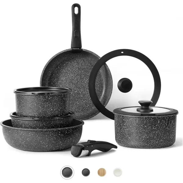 imageCAROTE Pots and Pans Set Non Stick Cookware Sets 11pcs Kitchen Set OvenFridge Safe Space Saving Pots Set Nonstick Set with Versatile RemovableDetachable Handle Induction RV Set Cream WhiteEbony black
