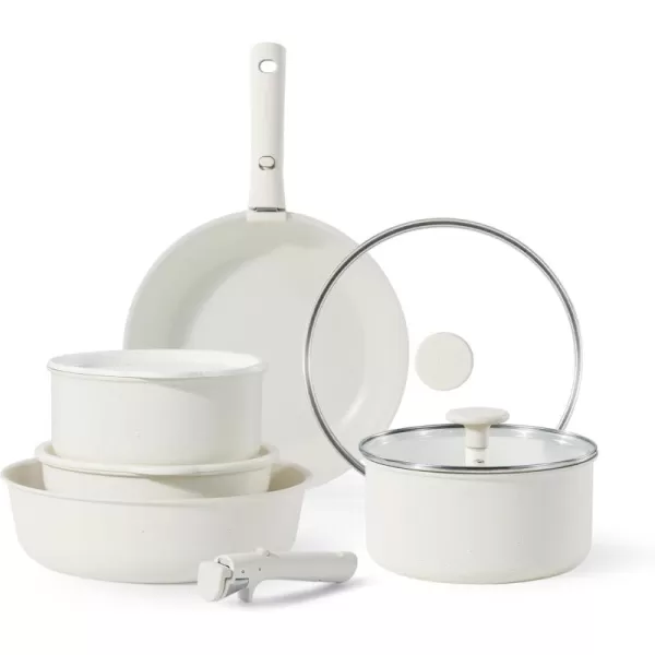 imageCAROTE Pots and Pans Set Non Stick Cookware Sets 11pcs Kitchen Set OvenFridge Safe Space Saving Pots Set Nonstick Set with Versatile RemovableDetachable Handle Induction RV Set Cream WhiteJade Cream