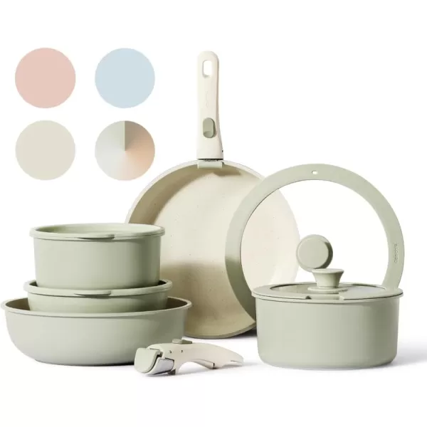 imageCAROTE Pots and Pans Set Non Stick Cookware Sets 11pcs Kitchen Set OvenFridge Safe Space Saving Pots Set Nonstick Set with Versatile RemovableDetachable Handle Induction RV Set Wave BlueGreen
