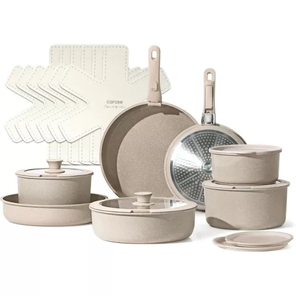 imageCAROTE Pots and Pans Set Nonstick Cookware Set Detachable Handle 11pcs Kitchen Cookware Sets Non Stick with Removable Handle Induction RV Cookware Set Oven Safe Taupe21pcs taupe set