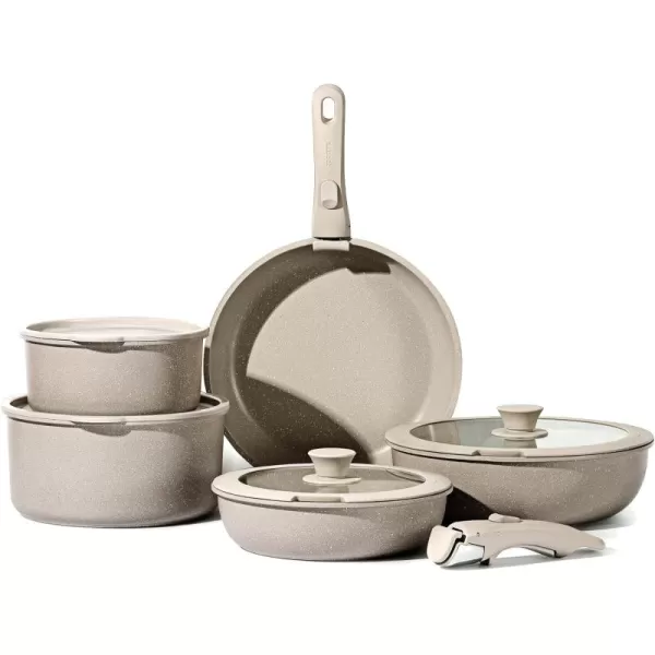 imageCAROTE Pots and Pans Set Nonstick Cookware Set Detachable Handle 11pcs Kitchen Cookware Sets Non Stick with Removable Handle Induction RV Cookware Set Oven Safe Taupe11pcs taupe set