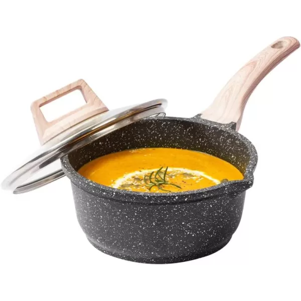 imageCAROTE Saucepan with LidNonstick Milk Pan for Induction Gas and Electric Hobs Small Cooking Pot with Pour Spout 18cm Classic Granite