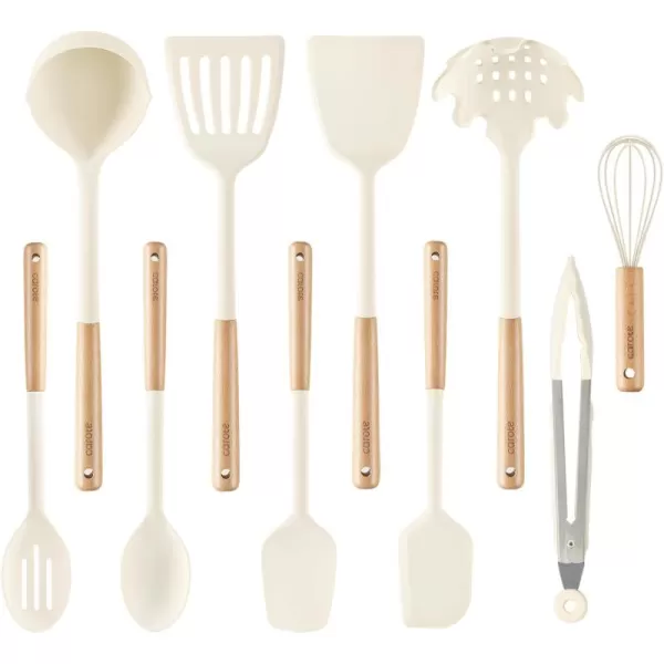 imageCAROTE Silicon Cooking Utensils Set for Kitchen446F Heat Resistant 10 pcs NonStick Cooking Set with Wooden Handle Spatula Turner Spoon Tongs WhiskLarge
