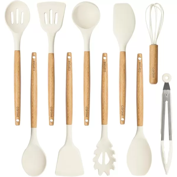 imageCAROTE Silicon Cooking Utensils Set for Kitchen446F Heat Resistant 10 pcs NonStick Cooking Set with Wooden Handle Spatula Turner Spoon Tongs WhiskMedium