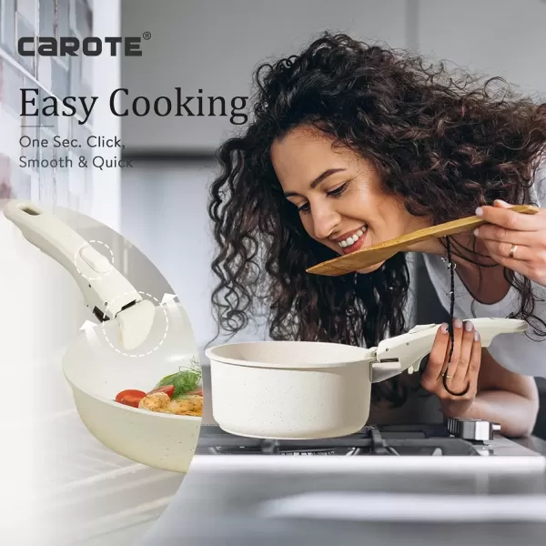 imageCAROTE 24pcs Detachable Handle Pots and Pan Set Nonstick Induction Cookware Removable Handle Kitchen Cookware Set RV Oven Safe Cookware Kitchen Cookware Set Non Stick Cream White