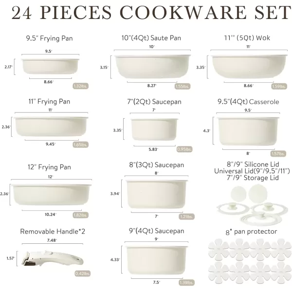 imageCAROTE 24pcs Detachable Handle Pots and Pan Set Nonstick Induction Cookware Removable Handle Kitchen Cookware Set RV Oven Safe Cookware Kitchen Cookware Set Non Stick Cream White