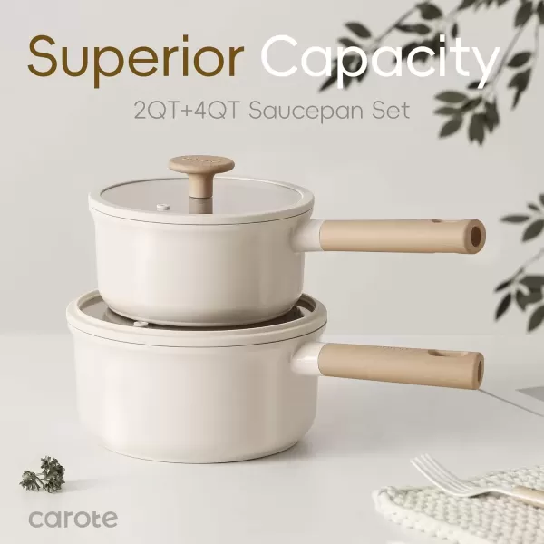 imageCAROTE 2QT4QT Ceramic Saucepan Set with Lid Nonstick Sauce Pans Dishwasher Safe Large Kitchen Pots Nonstick Cooking Pot Sauce Pan Set with 4 pcs for Kitchen Induction Pot PFOA FreeCream Ceramic