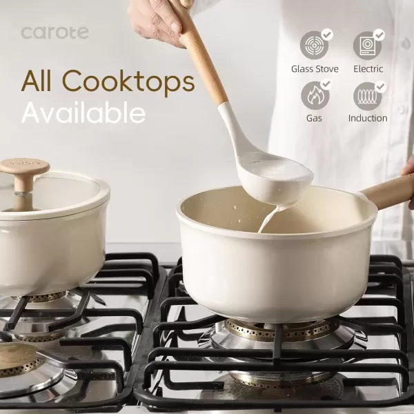 imageCAROTE 2QT4QT Ceramic Saucepan Set with Lid Nonstick Sauce Pans Dishwasher Safe Large Kitchen Pots Nonstick Cooking Pot Sauce Pan Set with 4 pcs for Kitchen Induction Pot PFOA FreeCream Ceramic