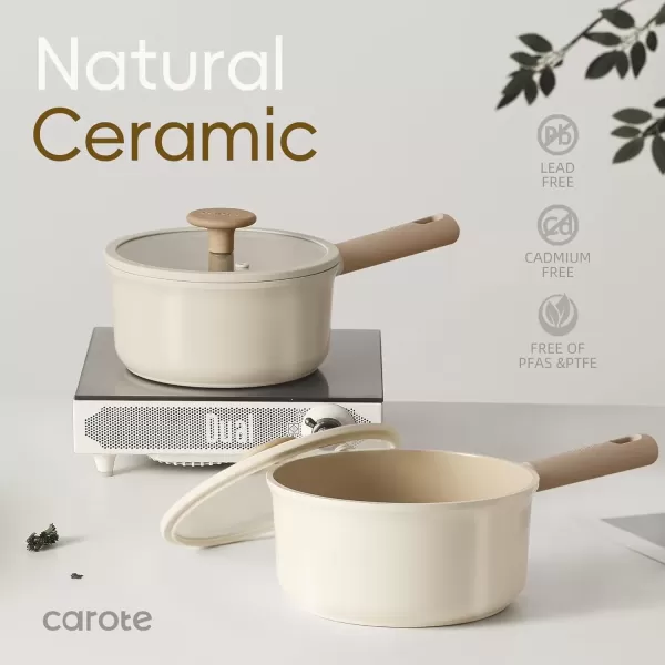 imageCAROTE 2QT4QT Ceramic Saucepan Set with Lid Nonstick Sauce Pans Dishwasher Safe Large Kitchen Pots Nonstick Cooking Pot Sauce Pan Set with 4 pcs for Kitchen Induction Pot PFOA FreeCream Ceramic