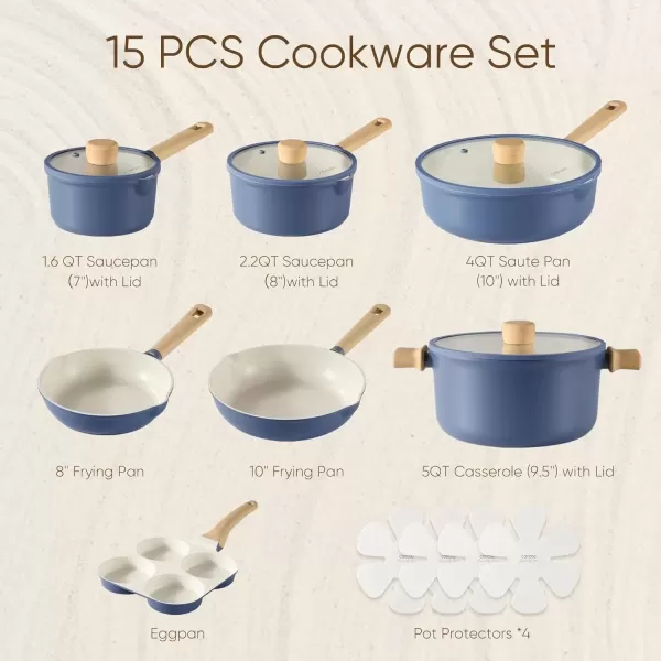 imageCAROTE 15Pcs Pots and Pans Set Non Stick Kitchen Cookware Sets Nonstick Blue Cookware sets Frying Pan and Pot Set Kitchen Induction Large CapacityBlue