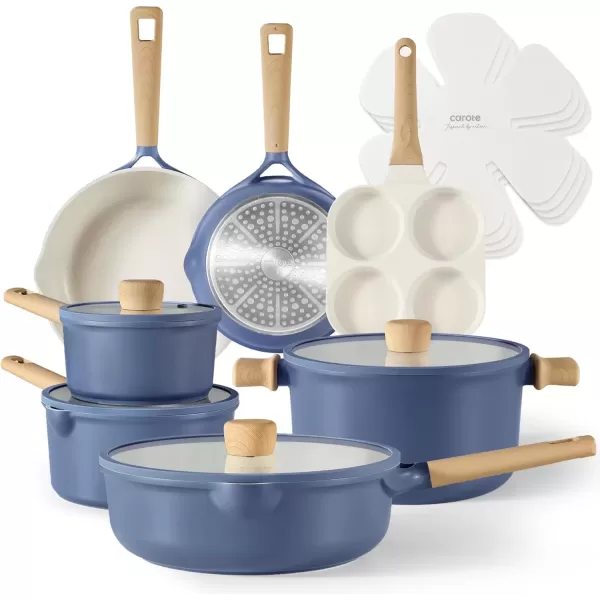 imageCAROTE 15Pcs Pots and Pans Set Non Stick Kitchen Cookware Sets Nonstick Blue Cookware sets Frying Pan and Pot Set Kitchen Induction Large CapacityBlue