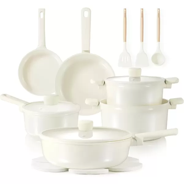 imageCAROTE 18Pcs Ceramic Pots and Pans Set Non Stick Healthy Cookware Set PFASPFOA Free Kitchen Cooking Set with Frying Pans Cream White