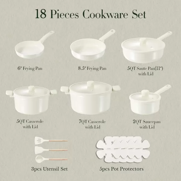 imageCAROTE 18Pcs Ceramic Pots and Pans Set Non Stick Healthy Cookware Set PFASPFOA Free Kitchen Cooking Set with Frying Pans Cream White