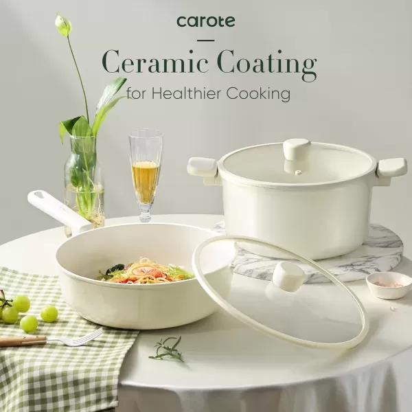 imageCAROTE 18Pcs Ceramic Pots and Pans Set Non Stick Healthy Cookware Set PFASPFOA Free Kitchen Cooking Set with Frying Pans Cream White