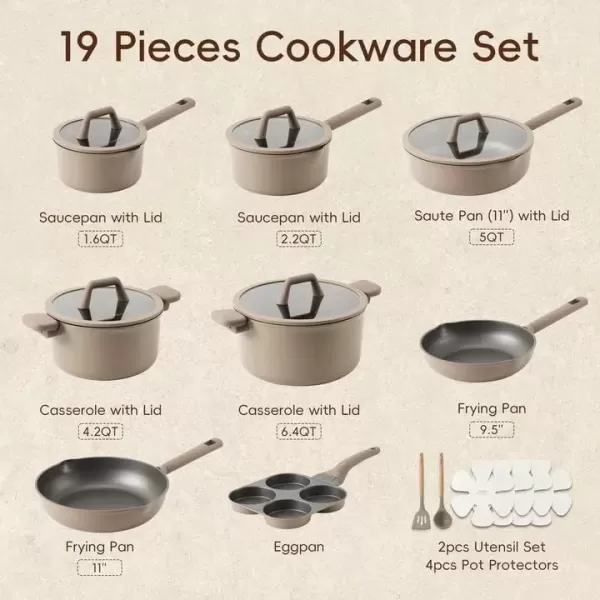 imageCAROTE 19pcs Nonstick Cookware Sets Pots and Pans Set Non StickRosy Brown Kitchen Cooking SetPremium Induction Cookware Frying pan Large Capacity Granite PurpleBrown
