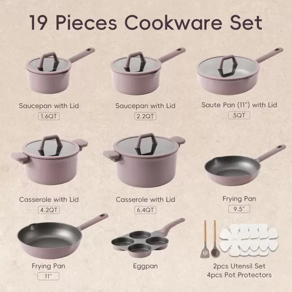 imageCAROTE 19pcs Nonstick Cookware Sets Pots and Pans Set Non StickRosy Brown Kitchen Cooking SetPremium Induction Cookware Frying pan Large Capacity Granite PurpleRosy Brown