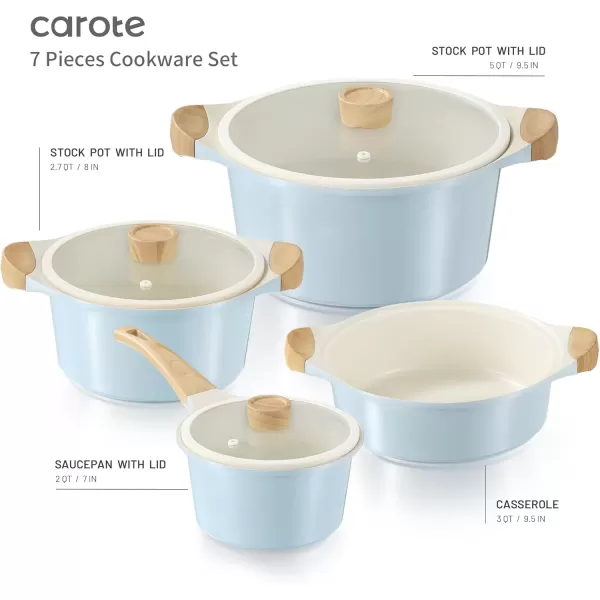 imageCAROTE Ceramic Pots and Pans Set Cookware Set 7 Piece Nontoxic Healthy Non Stick Cooking Set Cooking SetInduction Cookware Dishwasher SafeBlue